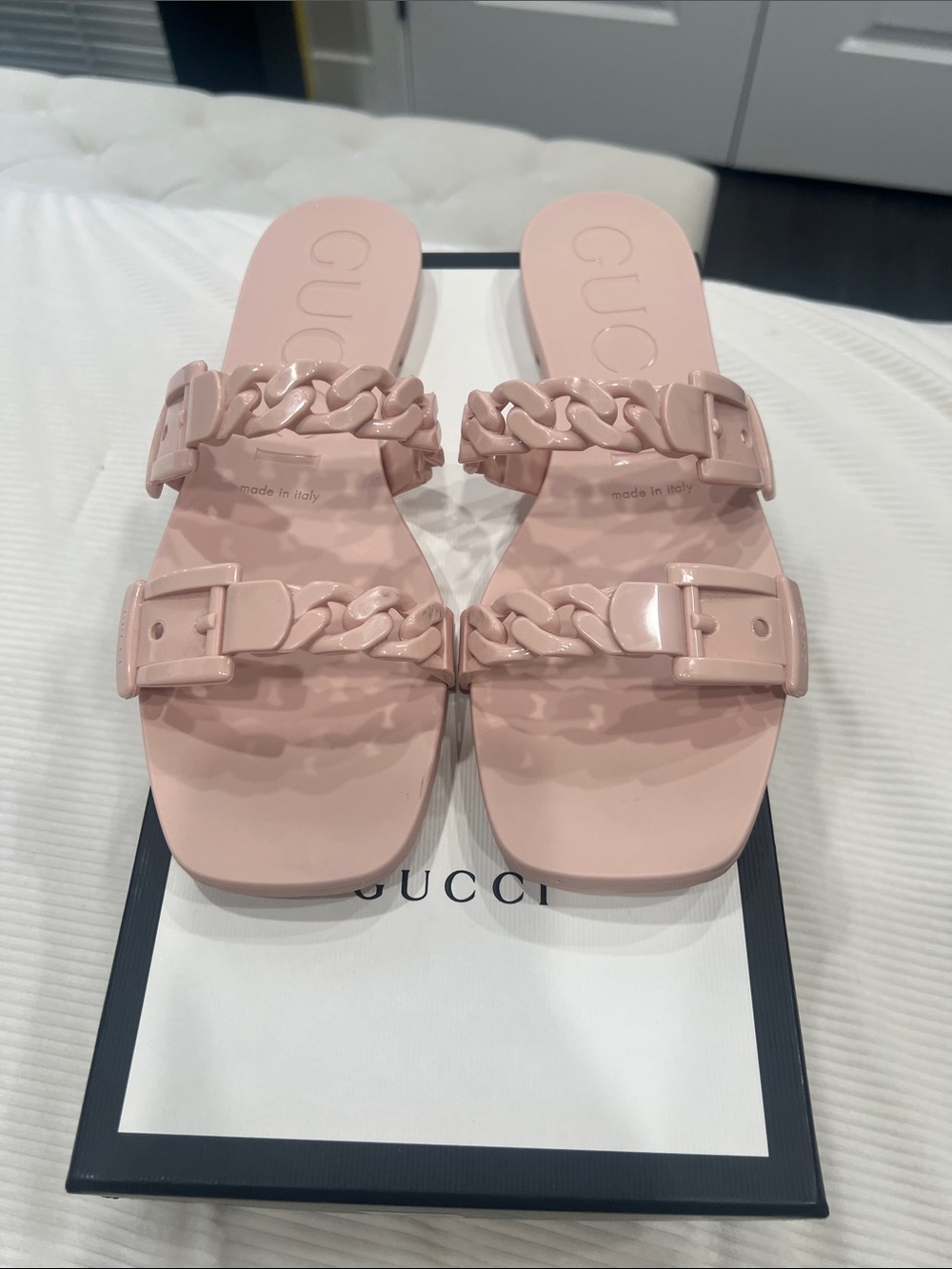 Gucci Pink Chain-Buckle Slide Sandals WORN 1 TIME